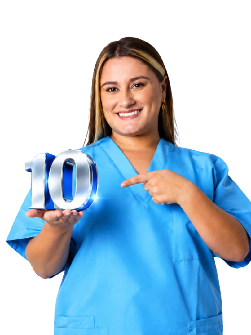 Médica de Futuros Residentes señalando el 10 del aniversario